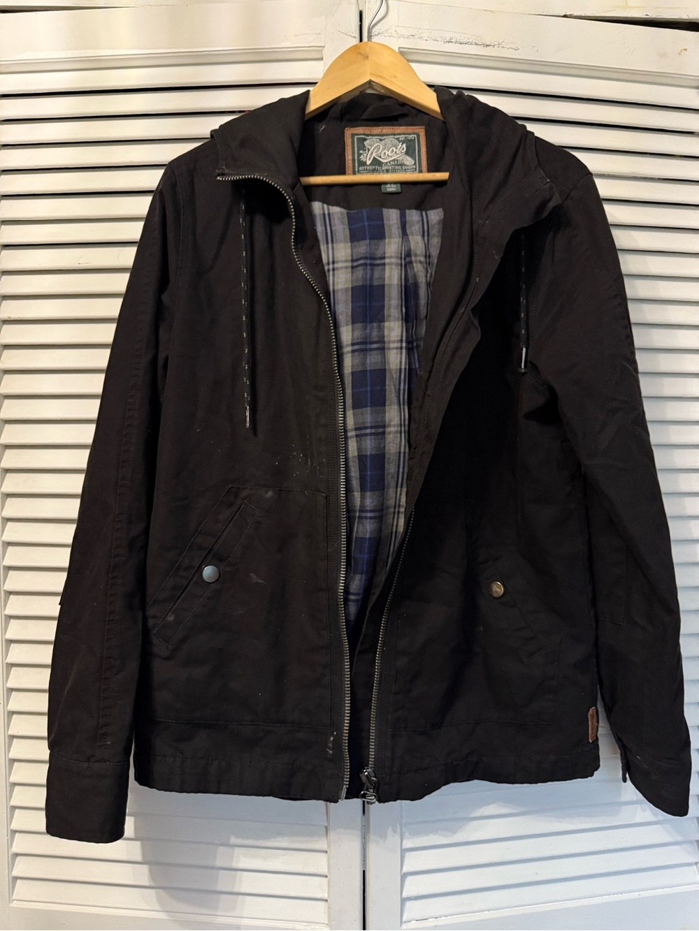 Roots Black Hooded Shirt Jacket with Blue Plaid Lining